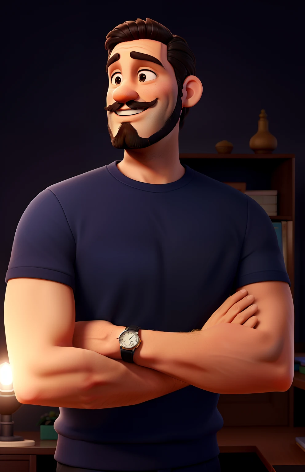 um homem de 30 anos, wise, na frente sorrindo, com uma barba e bigode ralo, and watch on the wrist, illuminated by the light of a lamp, contra o pano de fundo de uma biblioteca pessoal, inspirador em transformar a vida de pessoas, olhar centrado e pele morena.