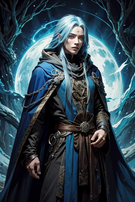 a androgynous man wizard with long blue hair using a wood mask ] and mage cloak