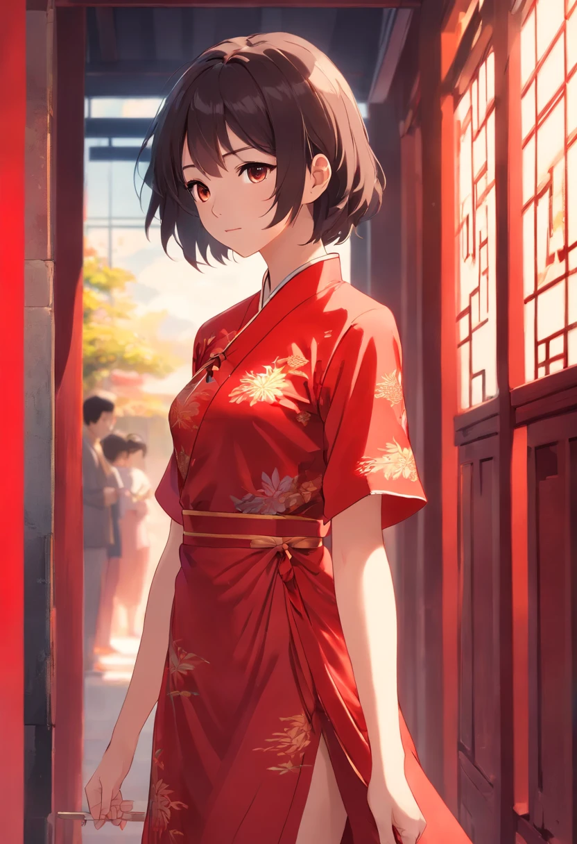 red chinese dress, 1girl, sozinho, cabelos pretos, short hair, parte superior do corpo, sorrir, guarda-sol, Mature female,