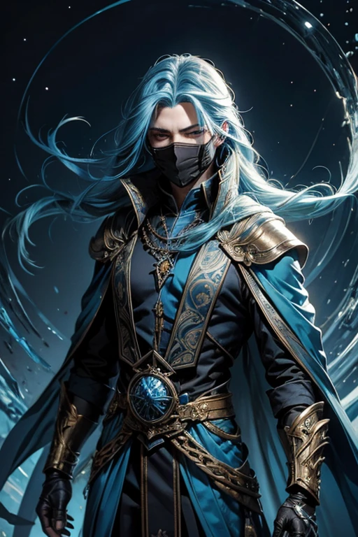 a very handsome androgynous man(woman face) with long blue hair, using a mask, wizard clothes refined