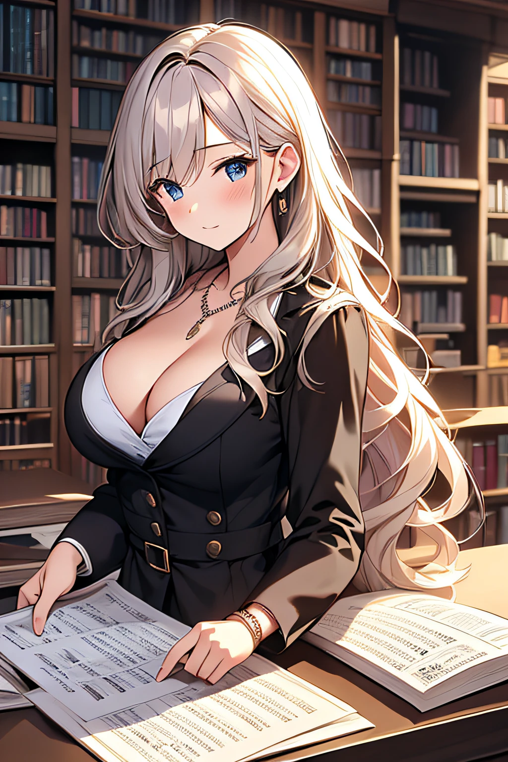 book, bookshelf, library, building, jewelry, 1girl, book_stack, necklace, long_hair, city, skyscraper, sheet_music, cityscape, breasts, bracelet, paper, papers, office, watch, newspaper, wavy_hair, cleavage, holding_book, menu, dress, town, solo