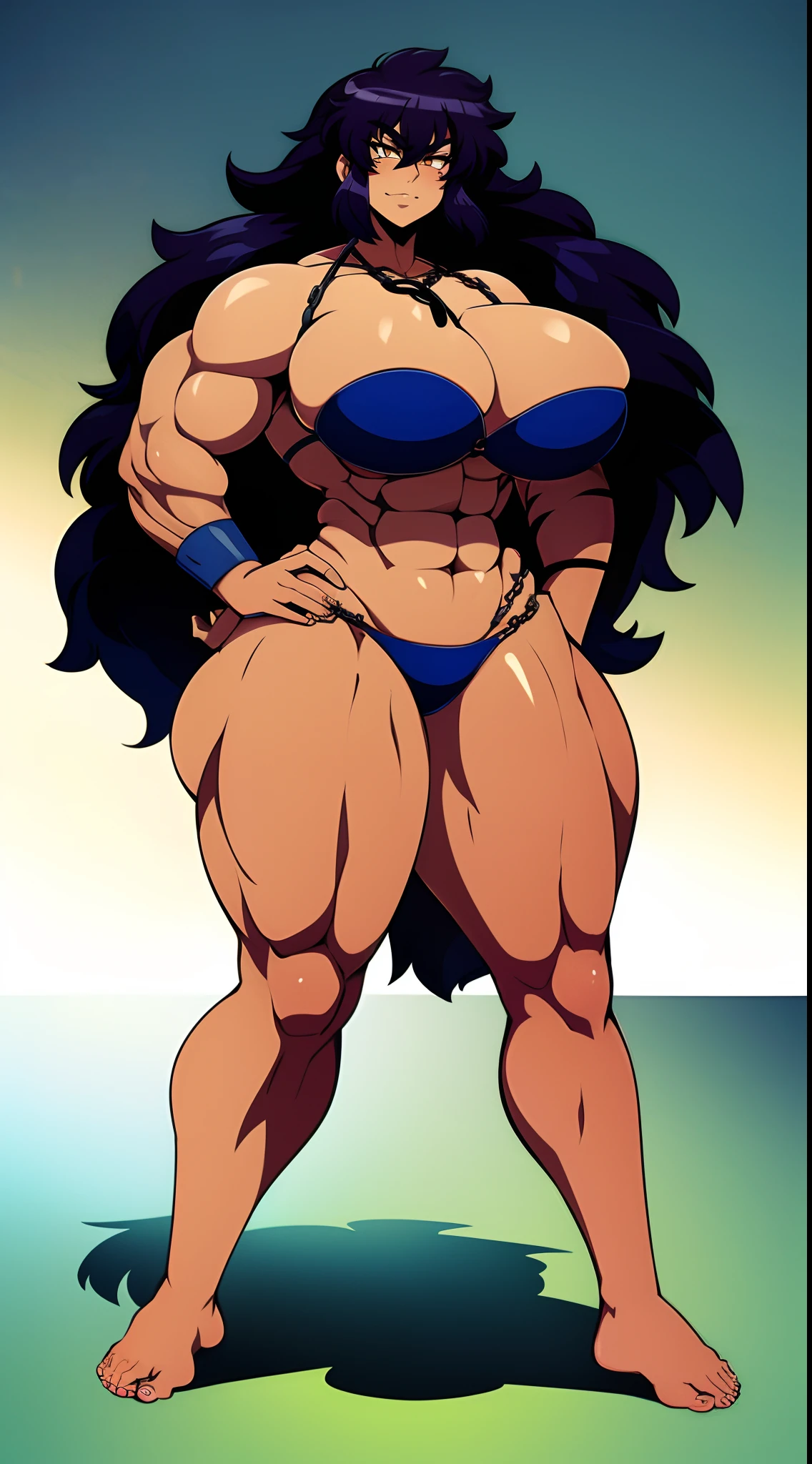 bikini, muscle girl, huge breast, long hair, tomboy, chains, medieval city, full body,feet