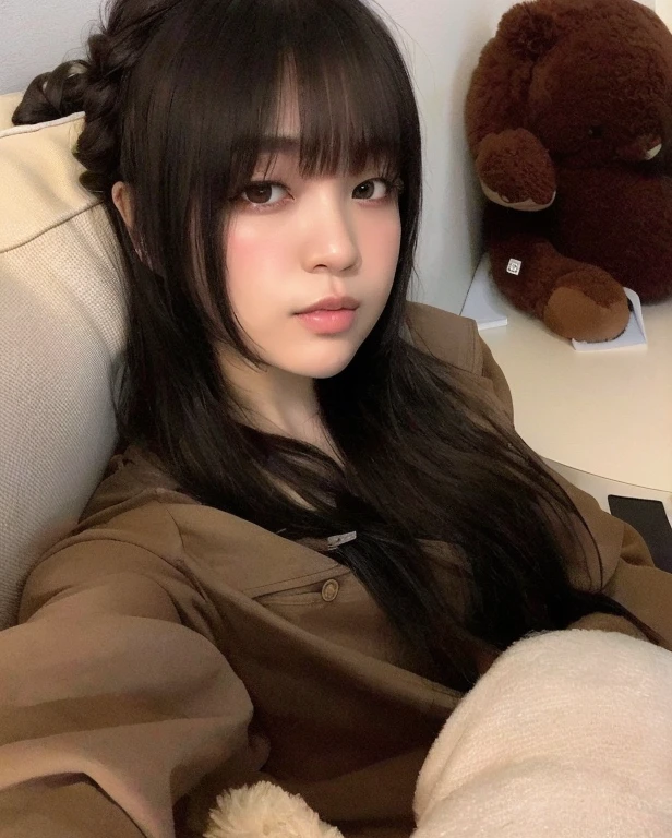 There's a woman sitting on a couch with a teddy bear, Ela tem cabelo preto com franja, Ulzzang, Chiho, com franja, com franja completa, O corte Hime, 19-year-old girl, Yoshitomo Nara, Shikami, cabelo comprido com franja completa, Lalisa Manobal