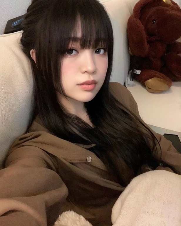 There's a woman sitting on a couch with a teddy bear, Ela tem cabelo preto com franja, Ulzzang, Chiho, com franja, com franja completa, O corte Hime, 19-year-old girl, Yoshitomo Nara, Shikami, cabelo comprido com franja completa, Lalisa Manobal