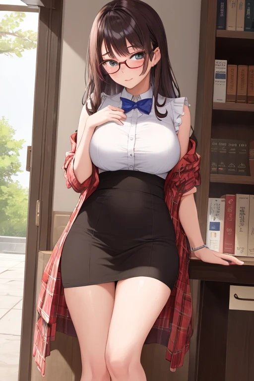 ((highest quality)), ((masterpiece)), (detailed), Perfect Face、Plain girl、Junior high school sophomore、Large Breasts、Glasses、Spatula face、Spread your legs、Spread your、Anus is visible、Library、detailedなマンコ