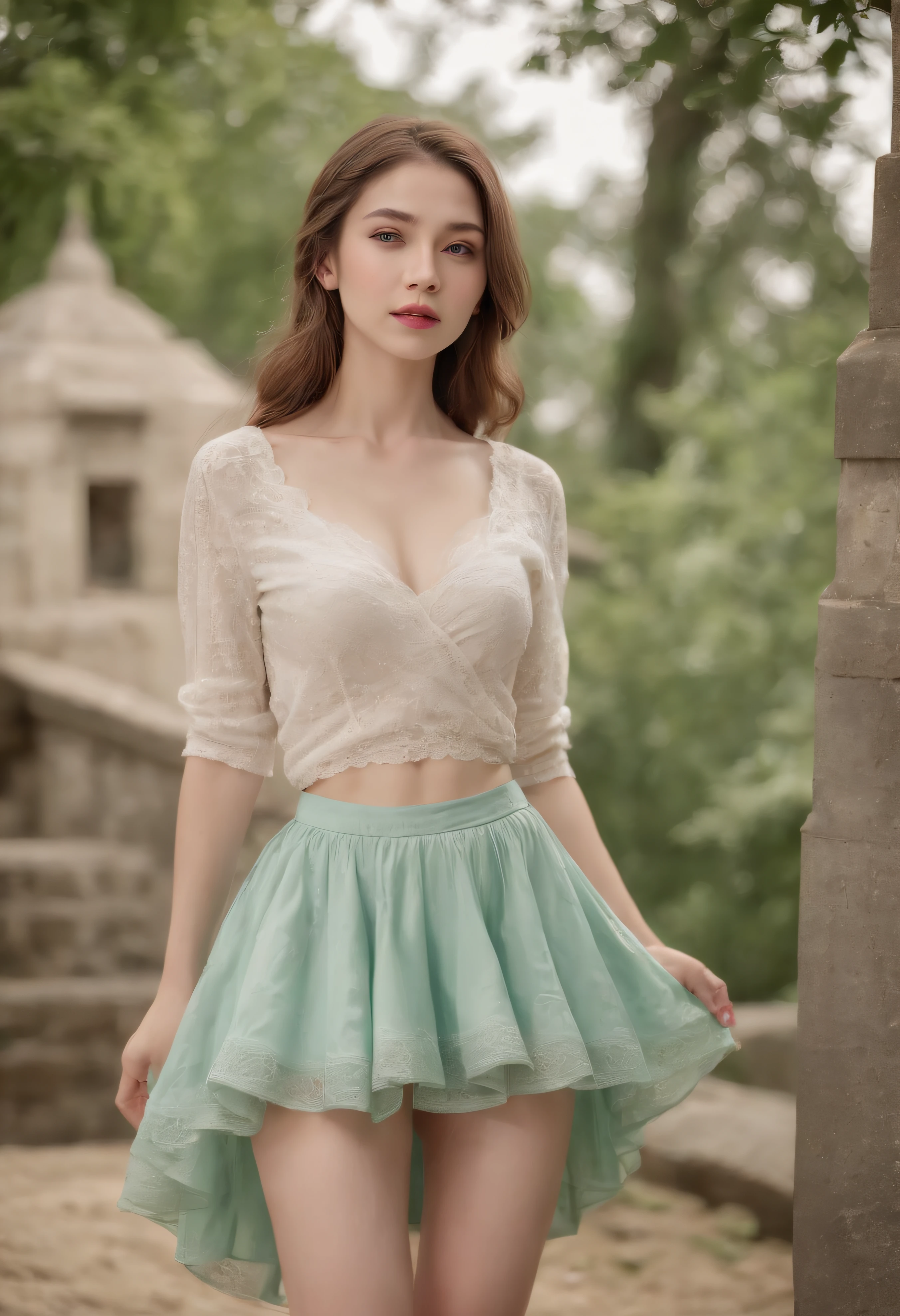 light skinned, Women around , Natural gray hair, Distinctive green eyes,, slender and graceful,,,, Beautiful, Candlelight in medieval atmosphere, Ultra Sharp Focus, realistic shot, Wedding Lingerie, Tetradic color (Scar:1.4)((((((Front Opening Skirt、Lift up your skirt so you can see your panties )))))))