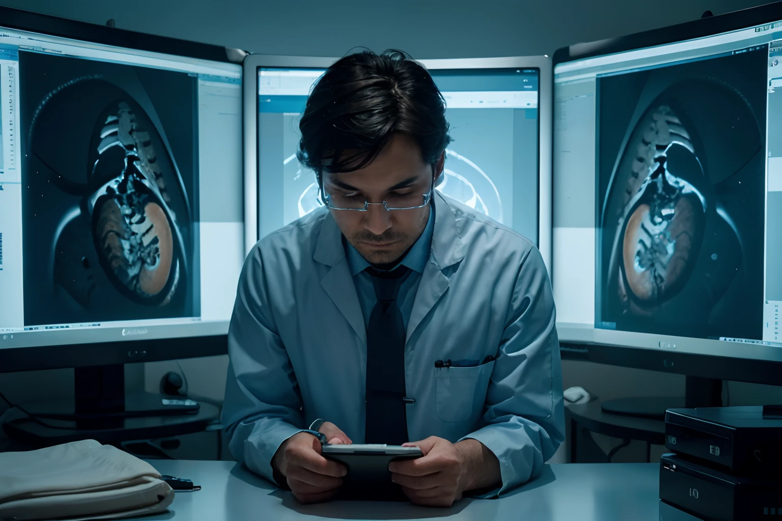 Radiologist doctor wearing lab coat, shirt and tie, sitting in front of the computer. Watching an MRI of the spine, preparing a diagnostic image of a patient, paying attention to the computer image, worrying about the extent of the injury. Image a little smoky and with a light blue tone in the light and image reflections.