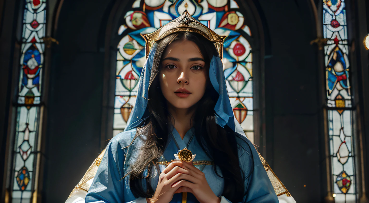 Virgin Mary, white woman, light eyes, long and black hair, rosy lips. Approximately 20 years old, dressed in robes with gold and blue rose details, wearing a blue tunic and a celestial blue veil. In a place with stained glass windows and mosaic.