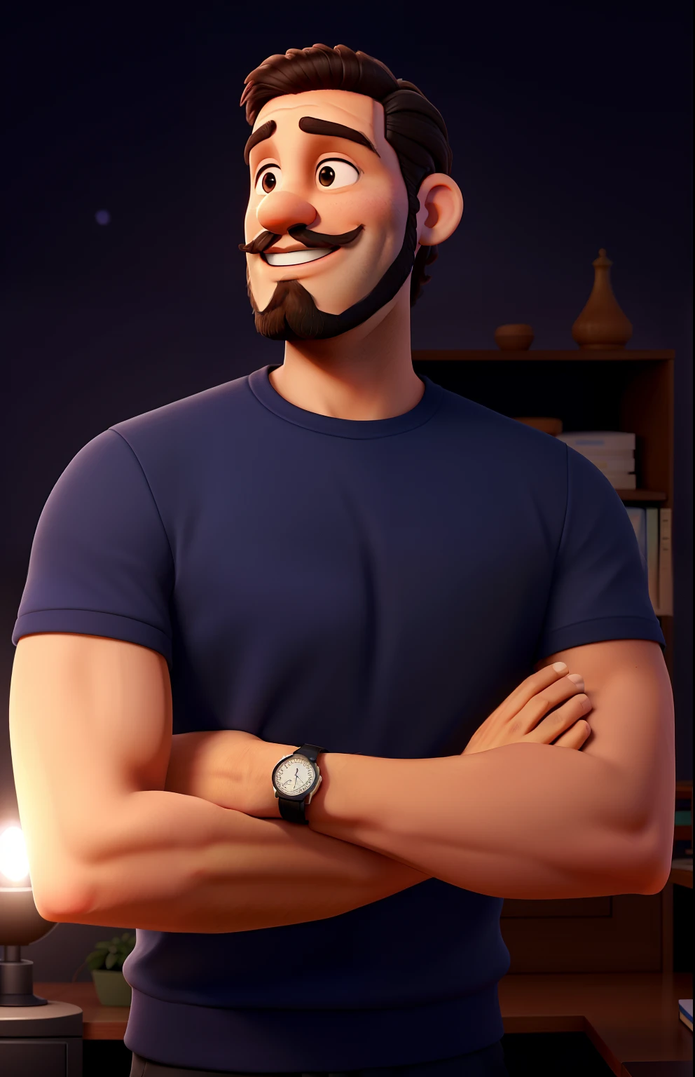 um homem de 30 anos, wise, na frente sorrindo, com uma barba e bigode ralo, and watch on the wrist, illuminated by the light of a lamp, contra o pano de fundo de uma biblioteca pessoal, inspirador em transformar a vida de pessoas, olhar centrado e pele morena. ampliar a cena de fundo