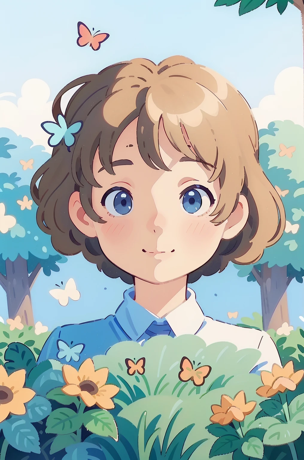 (best qualtiy,tmasterpiece,Hyper-realistic),1 beautiful and delicate portrait of a girl,ssmile,The background view is the garden,Flowers and butterflies fly around。