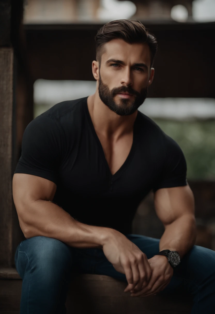 Italienischer Mann, muscular man wearing tight black shirt, offenes Hemd, Jeans Hosen, braune Augen, Braunes Haar, al fresco, Sanftes Licht, Meisterwerk, best quality, 8K UHD, DSLR, Filmkorn, Fujifilm XT3 fotorealistisch, gutaussehender Mann