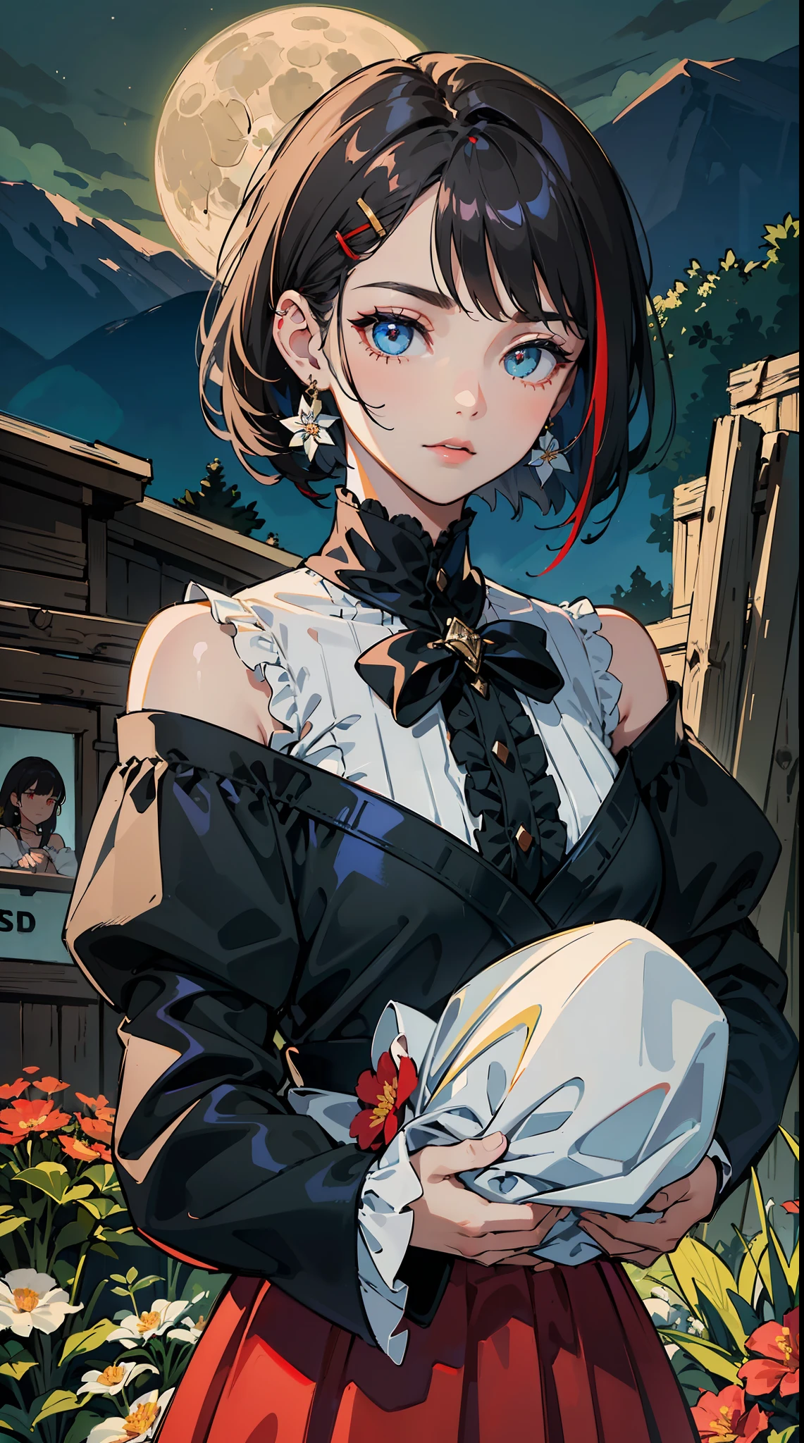 ((((carrying flower,Finger sleeves,))))((hands in pockets,))(Masterpiece illustration,Beautiful and aesthetic:1.2,aim to viewers), Best quality,Top quality, Epic quality,((((valley,outdoor,))))(moonlight,moon glare, god light,at night,upper upper shot,focus on face,))Neat face,underage,mature,Beautiful detailed hair,black hair,hyper HD, retinas, Textured skin, A high resolution, 16k ,((hairclip,steep bangs,sidelocks,short hair,Large bow on hair)),Detailed face, 1JK, lady,Solo, Perfect face, Very amazing girl,((off shoulder,puffs sleeves,red streaked white trace shirt,frills,ta dress,metal earrings,spiral earrings)),rim-light