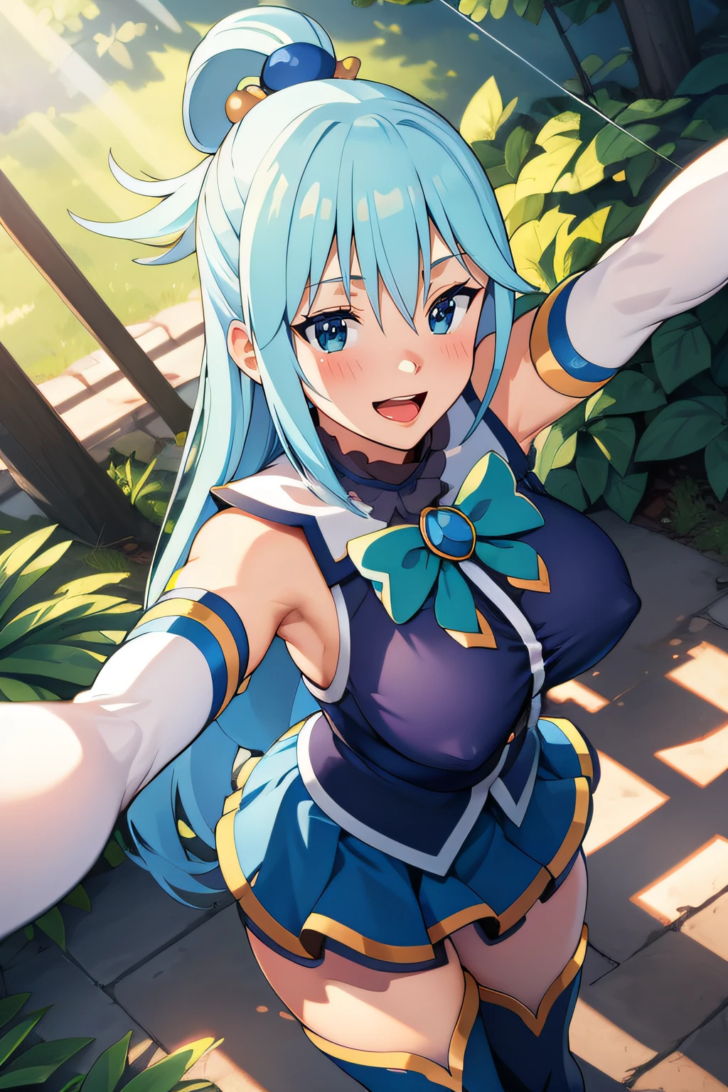 A woman in a blue dress is standing in front of a fence - SeaArt AI