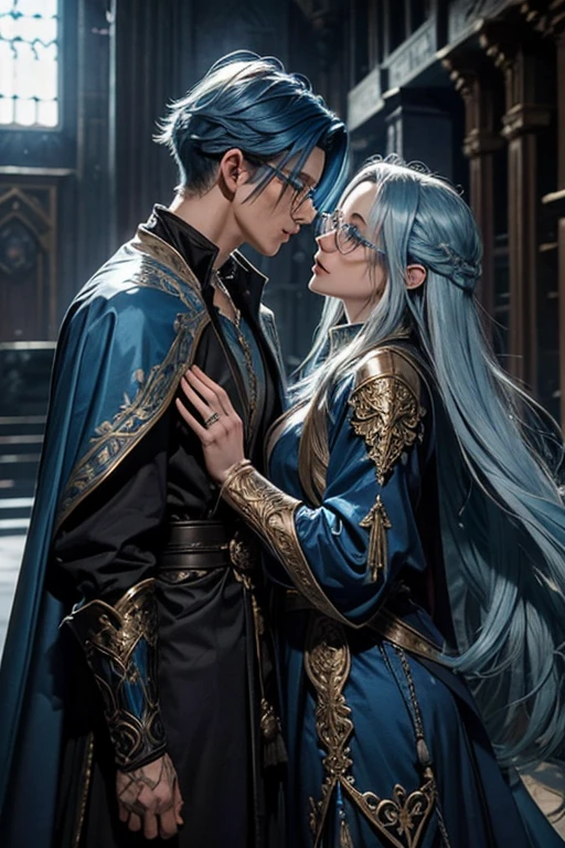 a very handsome androgynous man(woman face) with long blue hair wizard clothes refined kissing a very pretty woman with blue hair and glasses using a wizard clothing