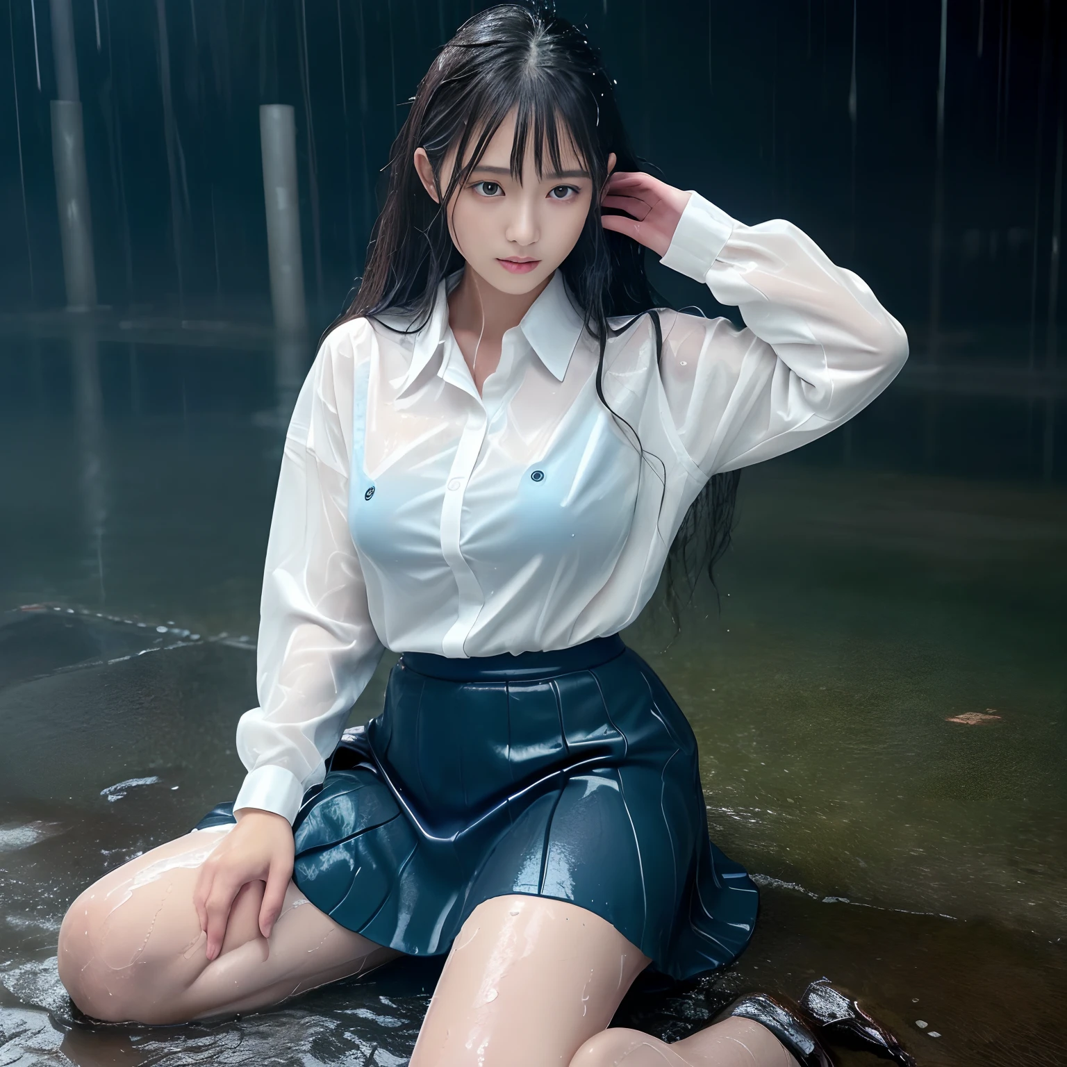 ((Best Quality, masutepiece, 超A high resolution、The most complex and detailed depictions)),1 schoolgirl、((Uniforms covered in water all over the body))、((Alone in the city))、((Sit up straight on the ground、Sit on the ground、Sit with your feet on the ground))、face that seems to cry、terrified expression、((The most realistic rain and water droplets))、((One giant lightning bolt))、((Lightning in the sky))、((Very heavy rain))、((Ōlan))、(((The whole body is drenched)))、Fallen trees and debris in the background、((Wet white uniform shirt))、((It's unbelievably soaked))、((Real rain))、The perfect texture of a wet shirt、((Very intense realistic rain))、The perfect texture for wet hair、((Drenched hair))、Wet hair sticks to the face、((very wet hair))、((wet and disheveled hair))、((Uniforms soaked all over))、The skin is faintly visible from the top of the clothes、Wet and see-through skin、((Perfect texture down to the smallest detail of wet clothes))、Countless water droplets adhere to the body、((Underwear that can be seen through the top of clothes))、((Perfectly expresses the texture of soaked hair))、Wet and shiny hair、((Wearing a dark blue wet skirt))、it is raining heavily、((Very complex and realistic lightning))、a dark night、feeling of despair、perfect anatomia、Looking at the camera、She looks up at me、Sad face、Face of fear、Looks cold、The Extreme Look of Fear、Lightning flashes、drenching、Ōlan