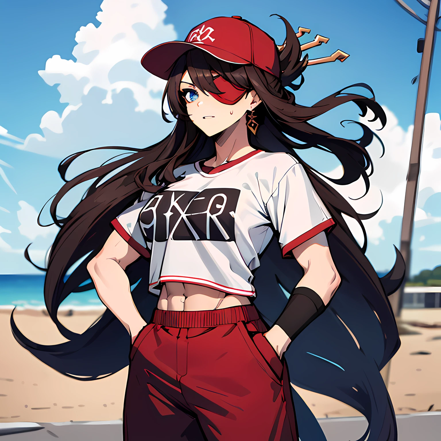 (absurdres, 8k, 4k, masterpiece, hyper extreme detailed:1.2), solo, 1girl, front view portrait, best quality, expressive eyes, perfect face, 1girl, portrait, solo, Female, mature female, adult, brown hair, eyepatch, long hair, pirate, cool, confident, perfect anatomy, messy hair, wild hair, day time, blue sky, cowboy shot, full body, perfect anatomy, flowing hair, windy hair, wind, beidoudef, beidournd, streetwear, baseball cap, t-shirt, front view, looking forward, toned body, muscular, athletic, flexible, strong, large bust, sweatpants, hands in pockets,