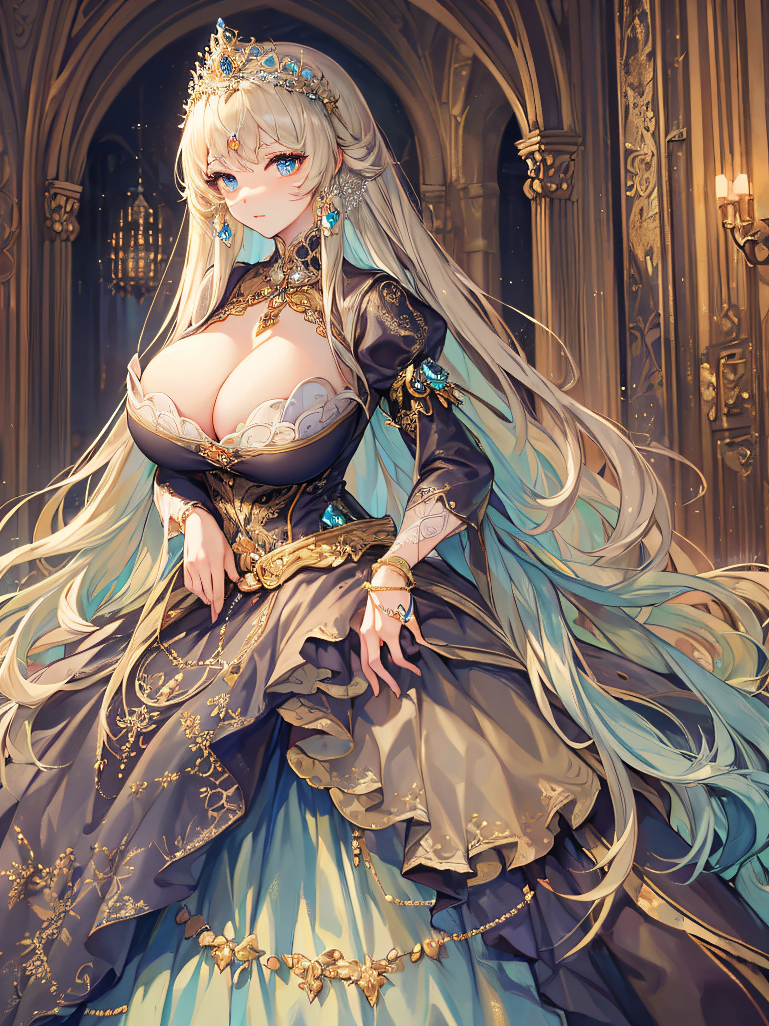 anime artstyle,Masterpiece,(Best Quality), (Super Detail),(Very Delicate and Beautiful),(Solo),((full body portrait)),full body,full body portrait,(detailed face and eyes),jewel-like beautiful eyes,((1 princess in a beautiful embroidery and jeweled rococo princess ballgown with voluminous full length hoop skirt)),((fantasy castle,outdoors,outside the castle)),((Crinoline,Long Train)),super detailed gorgeous princess ballgown with voluminous full length hoop skirt,jeweled Gorgeous rococo princess ballgown with long train,jeweled Gorgeous rococo princess ballgown with long train,gorgeous rococo princess ballgown with beautiful embroidery and jeweled,((large amount of straight hair,extremely voluminous Very Long straight Hair,Absolutely Long Straight Hair)),(((very gigantic boobs,cleavage))),long_gloves,extremely gorgeousfull hair ornament,bling-bling extremely gorgeousfull jeweled tiara,luxurious jewelry,full body portrait