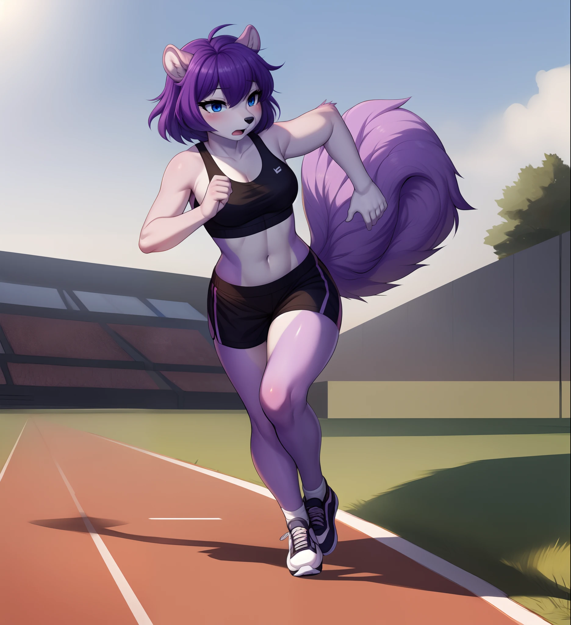 Kaori, solo, purple squirrel girl, by gudlmok99, by twistedscarlett60, purple hair, blue eyes, black nose, small squirrel tail, wearing arm wraps, arm wraps, black sports bra, black short shorts, black running shoes,  perfect  hands, 5 fingers, perfect anatomy, running, tired expression, mouth open, running on a running track,