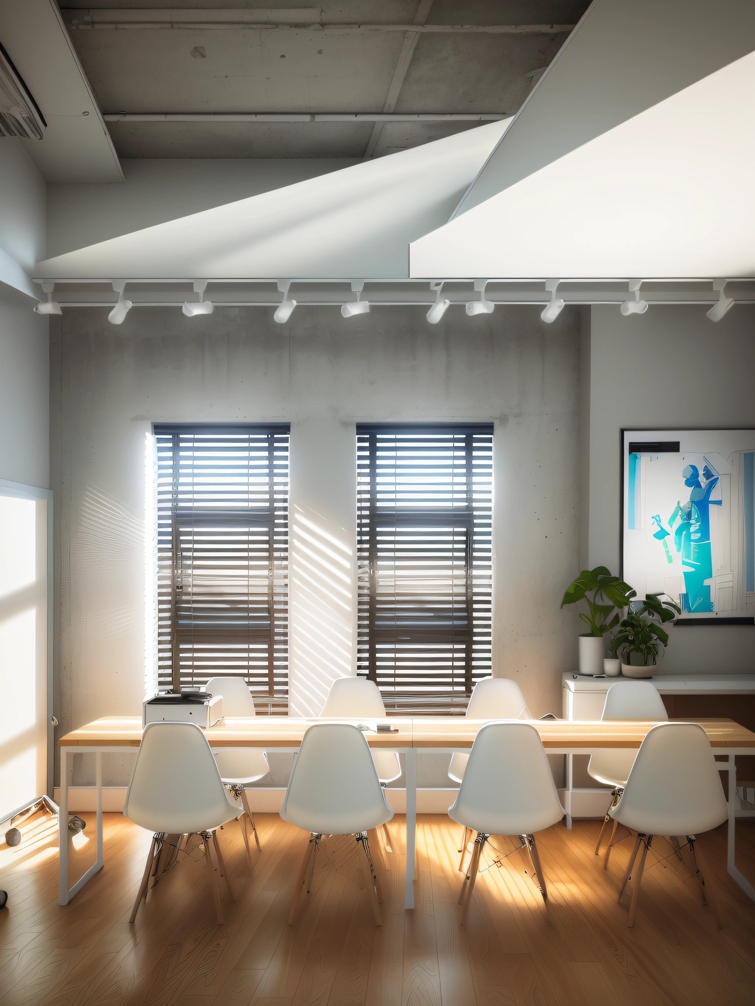 A rendering of a room with a table and chairs and a projector screen, 2 d render, Detailed rendering, photographic render, kitchenette and conference room, photo rendering, digital render, renderizado no enscape, altamente renderizado!!, renderizado, vista completa para o quarto, inspired by Martinus Rørbye, backrooms office space, com pano de fundo de luz natural, luz entrando pela janela, piso branco, parede preta ao lado, mesmas cores,