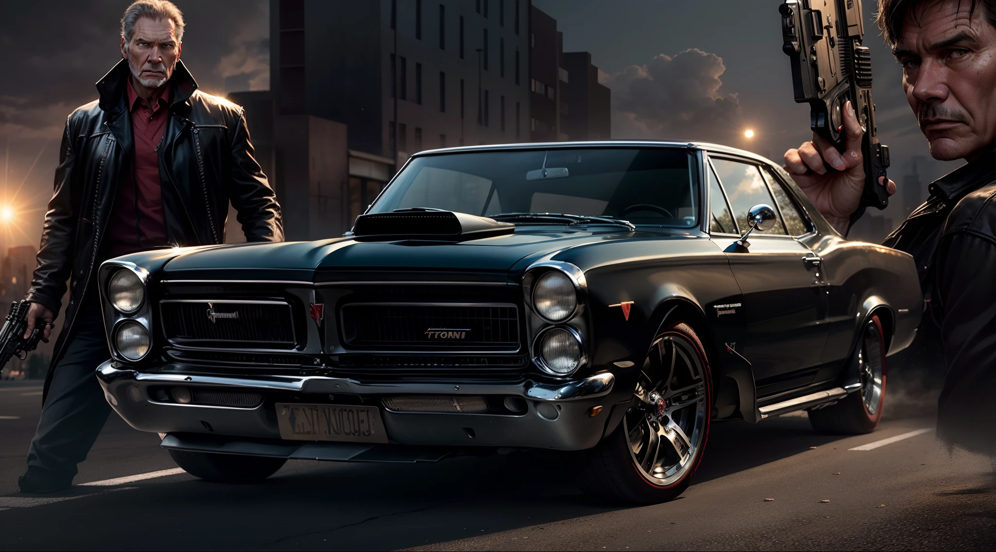 um imponente, Pontiac GTO 1965 classic black in the foreground, behind a close-up of a gangster Harrison Ford armed with a pistol and a beautiful gangster Angelina Jollie holding a pistol and the sun and buildings of a street in the US