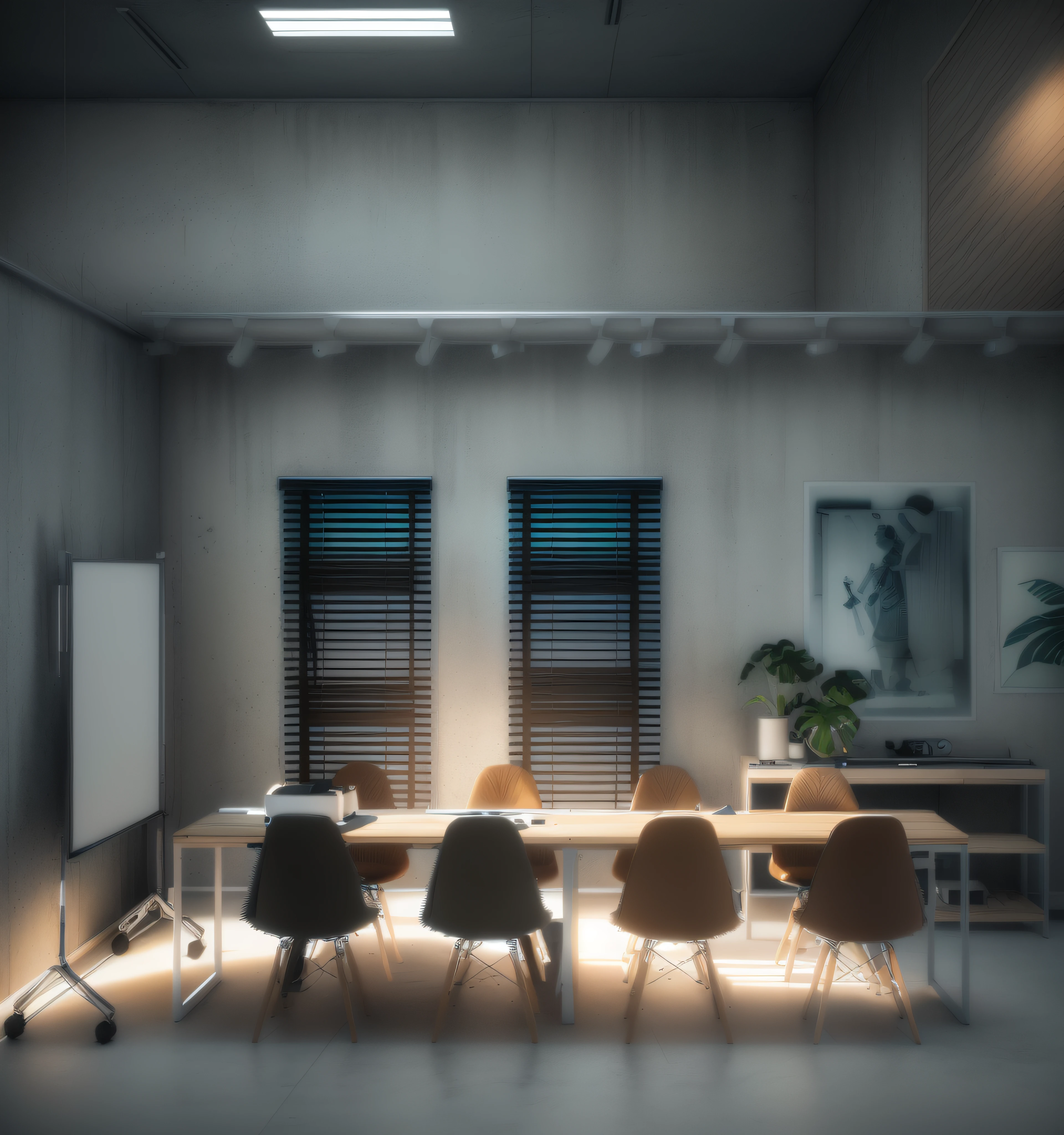 A rendering of a room with a table and chairs and a projector screen, persianas pretas, 2 d render, Detailed rendering, photographic render, kitchenette and conference room, photo rendering, digital render, renderizado no enscape, altamente renderizado!!, renderizado, vista completa para o quarto, inspired by Martinus Rørbye, backrooms office space, com pano de fundo de luz natural, luz entrando pela janela, piso branco, parede preta ao lado, mesmas cores,