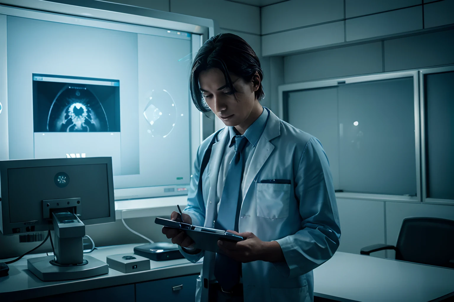 Radiologist doctor wearing lab coat, shirt and tie. Looking closely on a monitor at the radiological image examination. Looking at an MRI of the spine.
Afterwards, carry out a radiological report.

Image a little smoky and with a light blue tone in the light and image reflections.