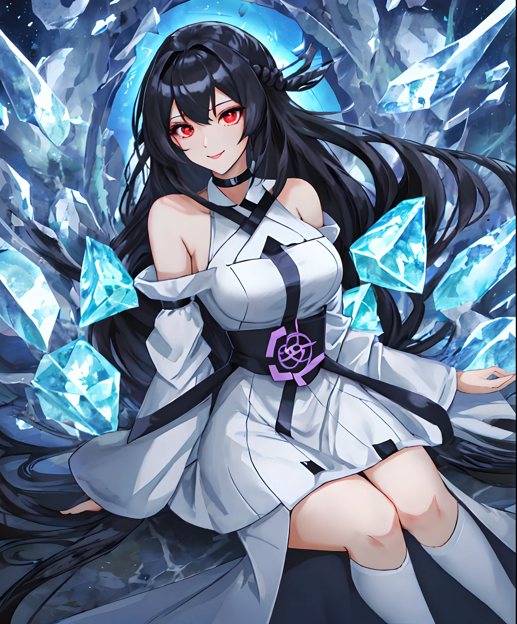 Ta girl trapped inside a hexagonal crystals
Mental Wind Sprite, 
(masutepiece:1.6, Best Quality), (finely detailed beautiful eye: 1.2), phyami, Yami Yugi, 1girl in, Solo, Sitting, Black hair,  Long hair, Red Eyes, Black wings, Bare shoulders, Hair intake, 鎖骨, Choker,halterneck,Collar, Anime coloring, hair between eye, criss-cross halter, White Dress, Bangs, Very long hair, lightsmile, blue lights