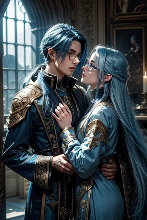 a very handsome androgynous man(woman face) with long blue hair wizard clothes refined kissing a very pretty woman with blue hair and using sexy lingerie