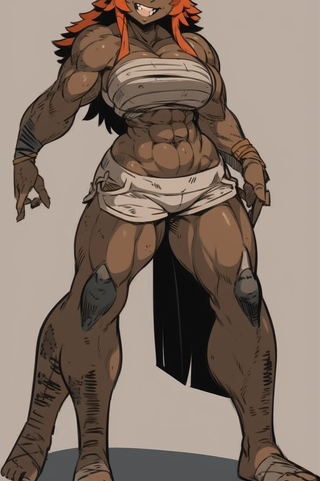 best quality, masterpiece, best shadows, black and orange hair, dark skin,,standing, full body, big breast, musclegirl, barbarian revealing cloths, , smile,#fashion design #warrior #woman #armor #clothing Trigger Words: barbarian_woman armor, smile open mouth