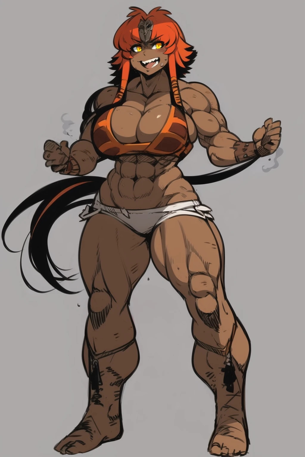 best quality, masterpiece, best shadows, black and orange hair, dark skin,,standing, full body, big breast, musclegirl, barbarian revealing cloths, , smile,#fashion design #warrior #woman #armor #clothing Trigger Words: barbarian_woman armor, smile open mouth