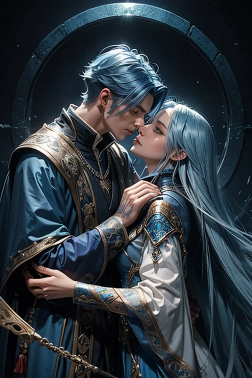a very handsome androgynous man(woman face) with long blue hair wizard clothes refined kissing a very pretty woman with blue hair