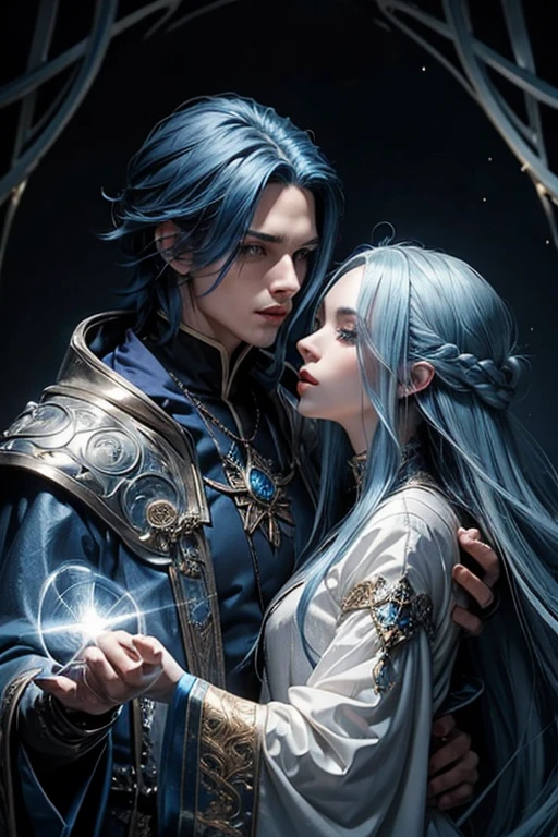 man with a long blue hair very handsome androgynous man(woman face)wizard clothes refined kissing a very pretty woman with blue hair using a wizard clothing