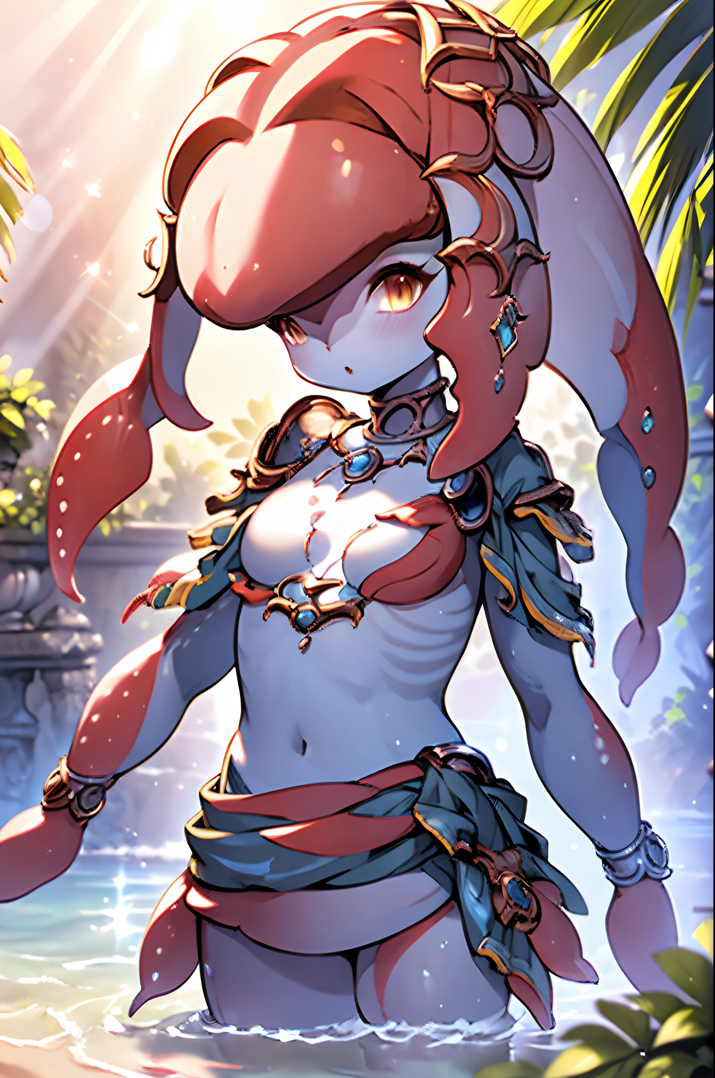 mipha \(zelda\), nsfw, realistic nipple, asymmetrical breasts, (masterpiece), in the style of Granblue Fantasy, loli, flat chest, small breasts, ((red skin)), matching , (detailed background, depth of field, half body shadow, sunlight, ambient light on the body), (intricate:1), (high detail:1.3), (unreal engine:1.2), (soft focus:1.15), (masterpiece, best quality, 4k, 2k, shaded, absurd res), nsfw, (standing at the river, posing in water, waist deep water)