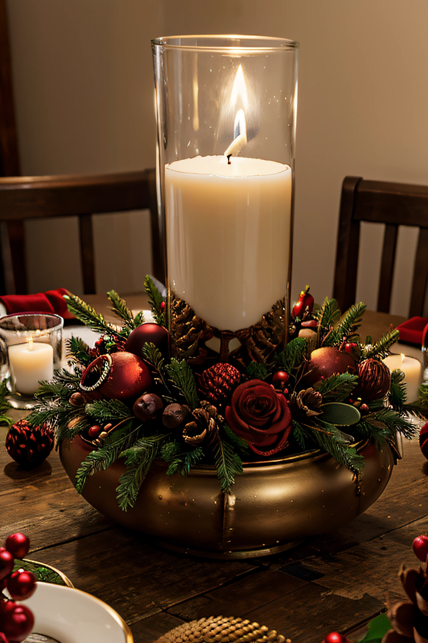 Christmas centerpiece, con velas, Decorated pinecones and Christmas baubles