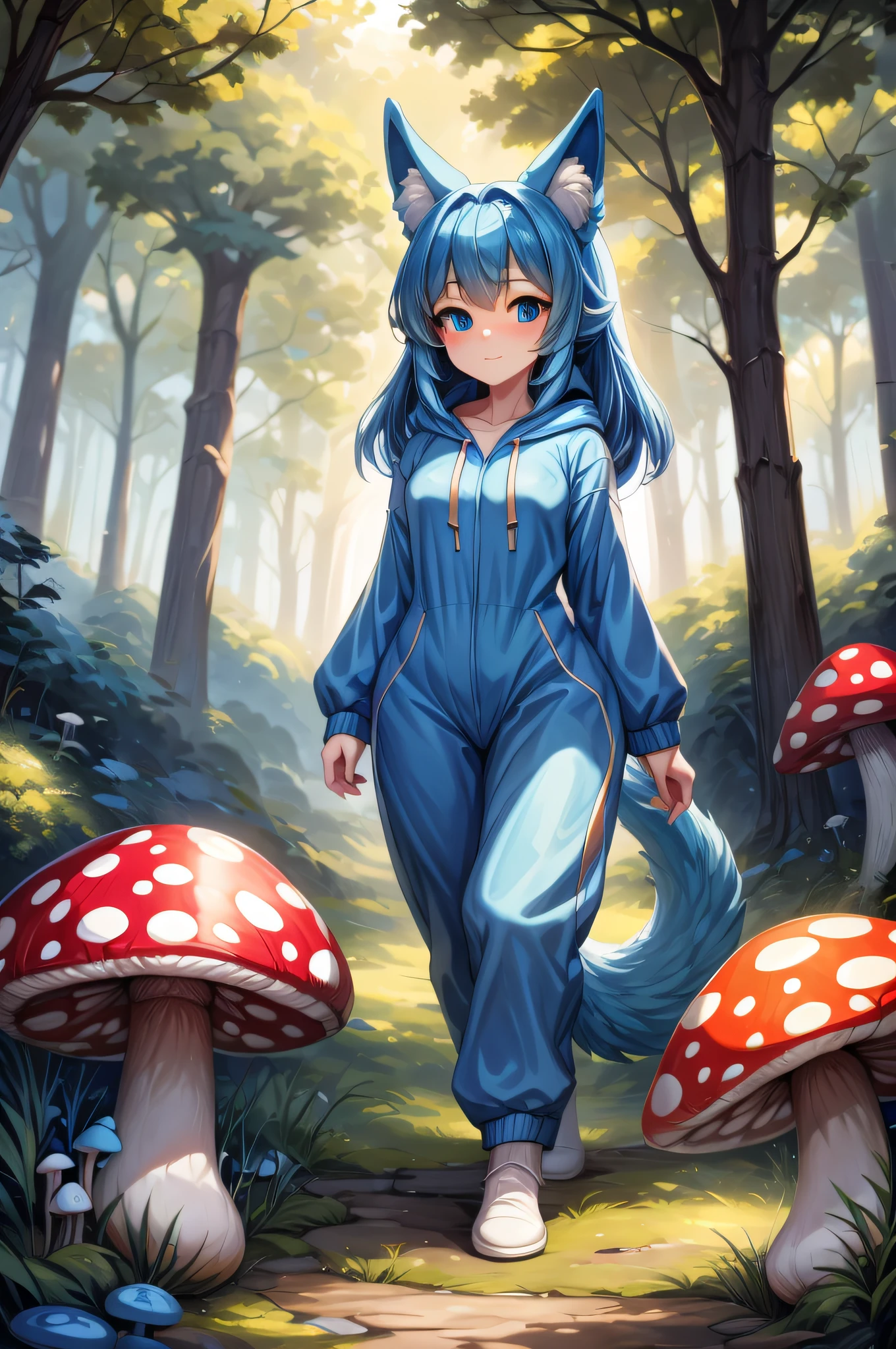 (Masterpiece) (High Detail) (High Res) A short humanoid girl with pale skin and blue eyes and long blue hair and blue dog ears and a big fluffy dog tail is walking through a vibrant and bright looking mushroom forest with lots of giant mushrooms the size of trees, and large green and orange trees. She is wearing a blue onesie.