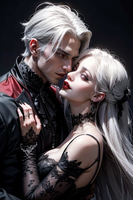 a very handsome white haired vampire kissing a very beautifull oriental gothic woman