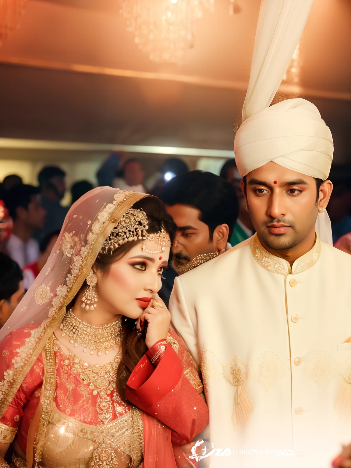 bride and groom in traditional indian wedding attire standing in front of a crowd, on location, 4 k post, 4k post, by Riza Abbasi, cinematic shot!, still shot from movie, portrait shot 8 k, still from a terence malik film, scene from a movie, still from the movie, khyzyl saleem, inspired by Riza Abbasi