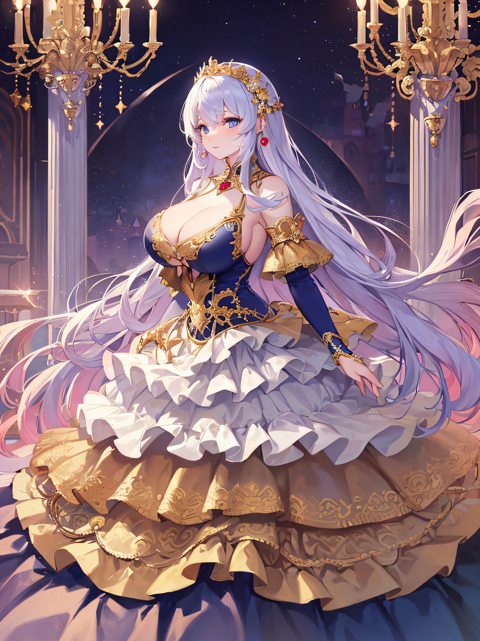 anime artstyle,Masterpiece,(Best Quality), (Super Detail),(Very Delicate and Beautiful),(Solo),((full body portrait)),full body,full body portrait,(detailed face and eyes),jewel-like beautiful eyes,((1 princess in a beautiful embroidery and jeweled rococo princess ballgown with voluminous full length hoop skirt)),((fantasy castle,outdoors,outside the castle)),((Crinoline,Long Train)),super detailed gorgeous princess ballgown with voluminous full length hoop skirt,jeweled Gorgeous rococo princess ballgown with long train,jeweled Gorgeous rococo princess ballgown with long train,gorgeous rococo princess ballgown with beautiful embroidery and jeweled,((large amount of straight hair,extremely voluminous Very Long straight Hair,Absolutely Long Straight Hair)),(((very gigantic boobs,cleavage))),long_gloves,extremely gorgeousfull hair ornament,bling-bling extremely gorgeousfull jeweled tiara,luxurious jewelry,full body portrait