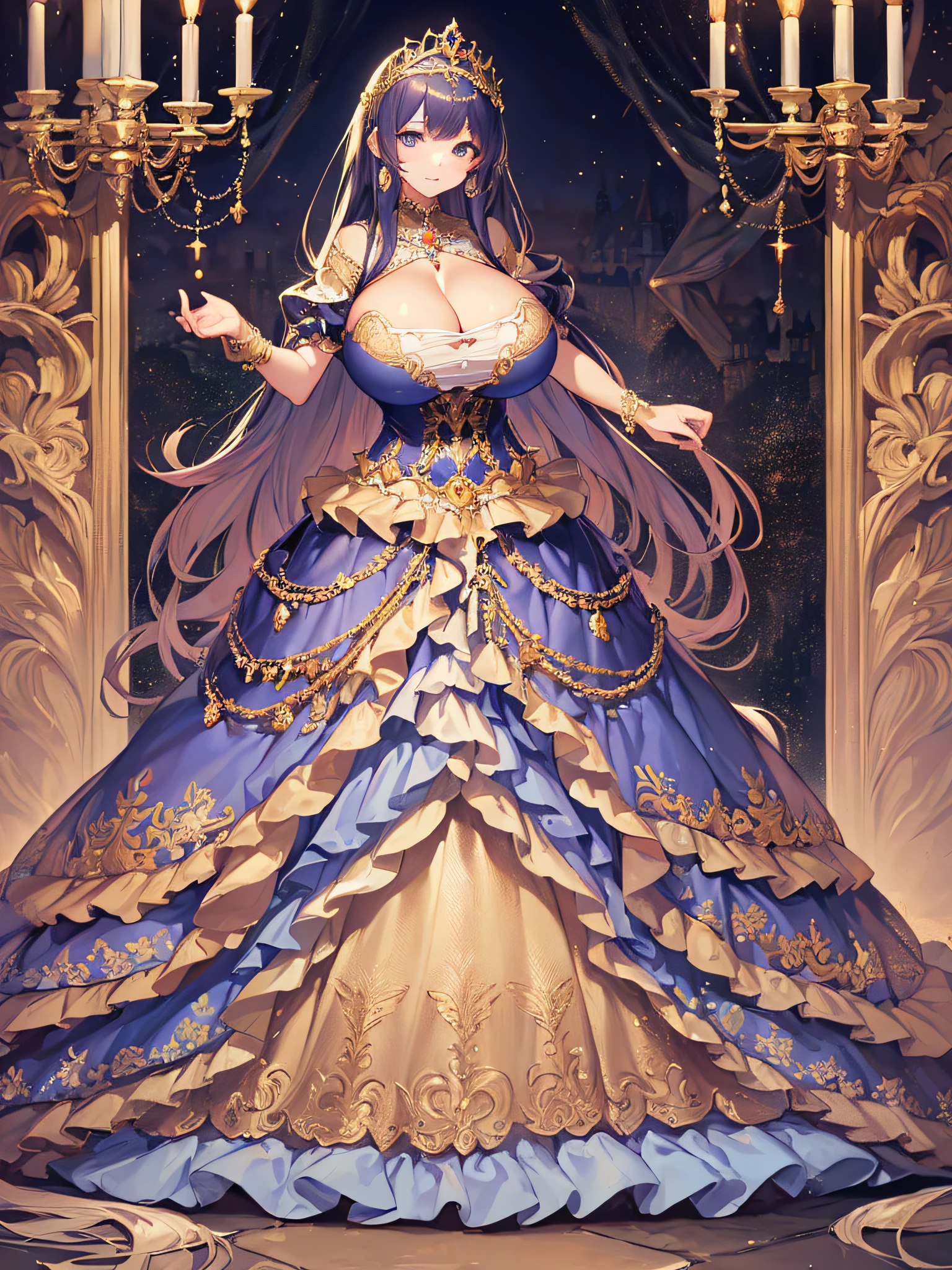 anime artstyle,Masterpiece,(Best Quality), (Super Detail),(Very Delicate and Beautiful),(Solo),((full body portrait)),full body,full body portrait,(detailed face and eyes),jewel-like beautiful eyes,((1 princess in a beautiful embroidery and jeweled rococo princess ballgown with voluminous full length hoop skirt)),((fantasy castle,outdoors,outside the castle)),((Crinoline,Long Train)),super detailed gorgeous princess ballgown with voluminous full length hoop skirt,jeweled Gorgeous rococo princess ballgown with long train,jeweled Gorgeous rococo princess ballgown with long train,gorgeous rococo princess ballgown with beautiful embroidery and jeweled,((large amount of straight hair,extremely voluminous Very Long straight Hair,Absolutely Long Straight Hair)),(((very gigantic boobs,cleavage))),long_gloves,extremely gorgeousfull hair ornament,bling-bling extremely gorgeousfull jeweled tiara,luxurious jewelry,full body portrait