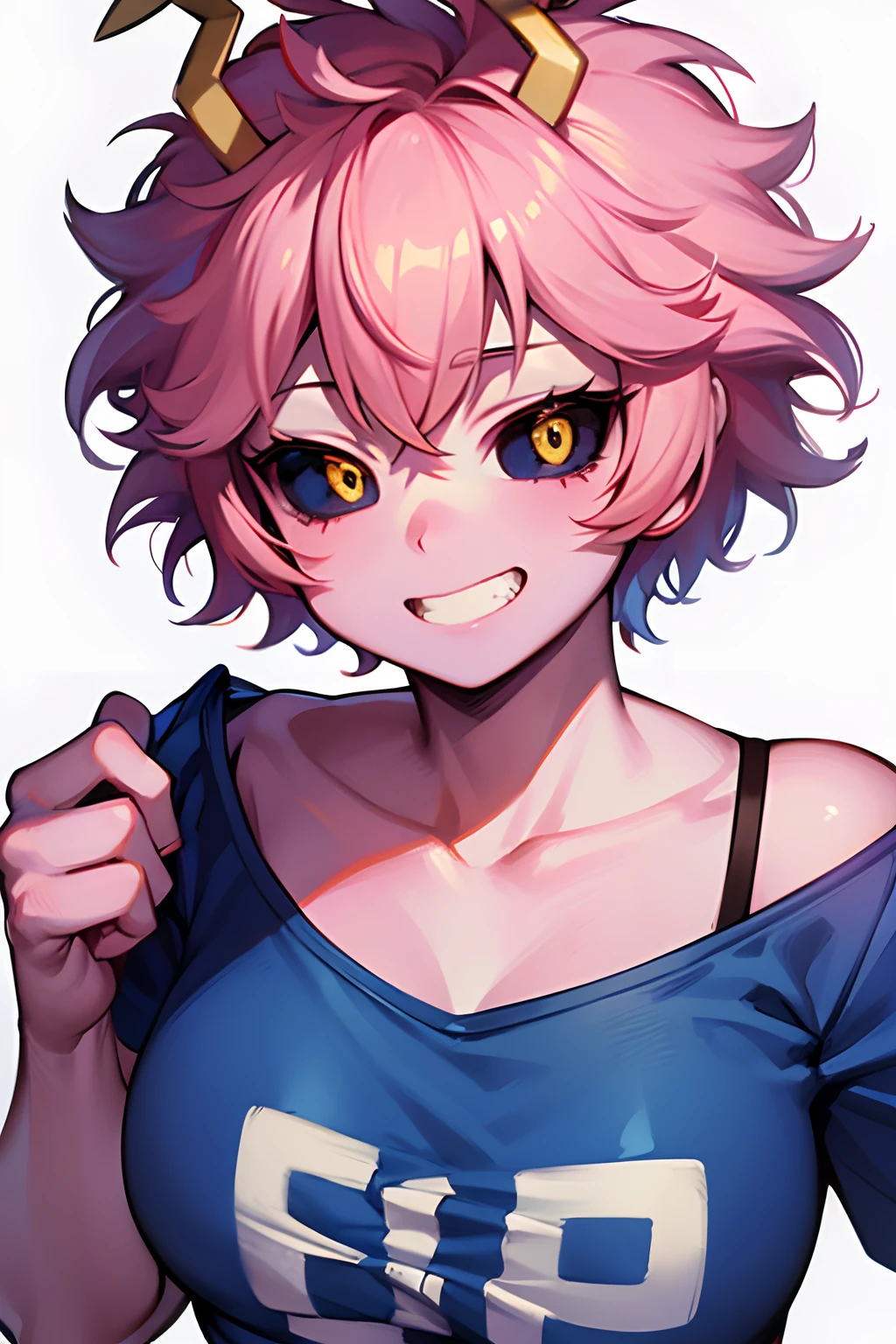 mina ashido, 1girl, solo, breasts, short hair, medium breasts, shirt, white background, collarbone, yellow eyes, upper body, pink hair, short sleeves, horns, teeth, colored skin, blue shirtteeth, happy, colored sclera, emphasis lines, black sclera, pink skin