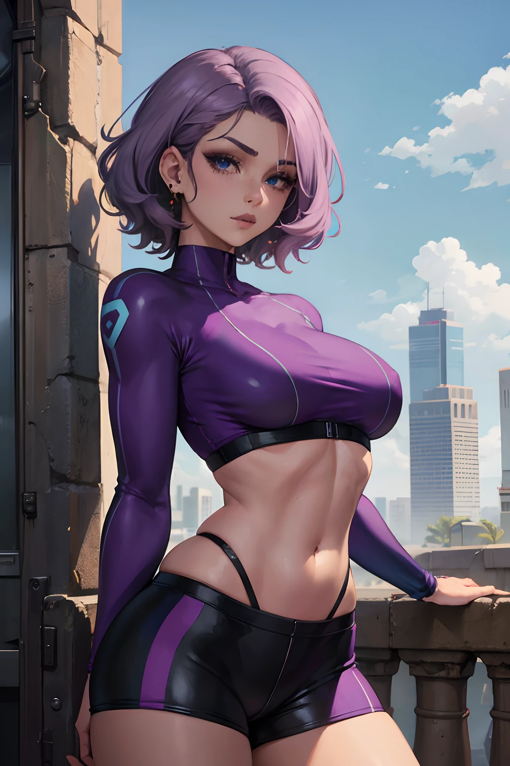 girl, Short curly pastel purple hair, freckles, septum piercing, medium tits, wearing a long sleeve crop top and spandex shorts, blue and brown heterochromatic eyes