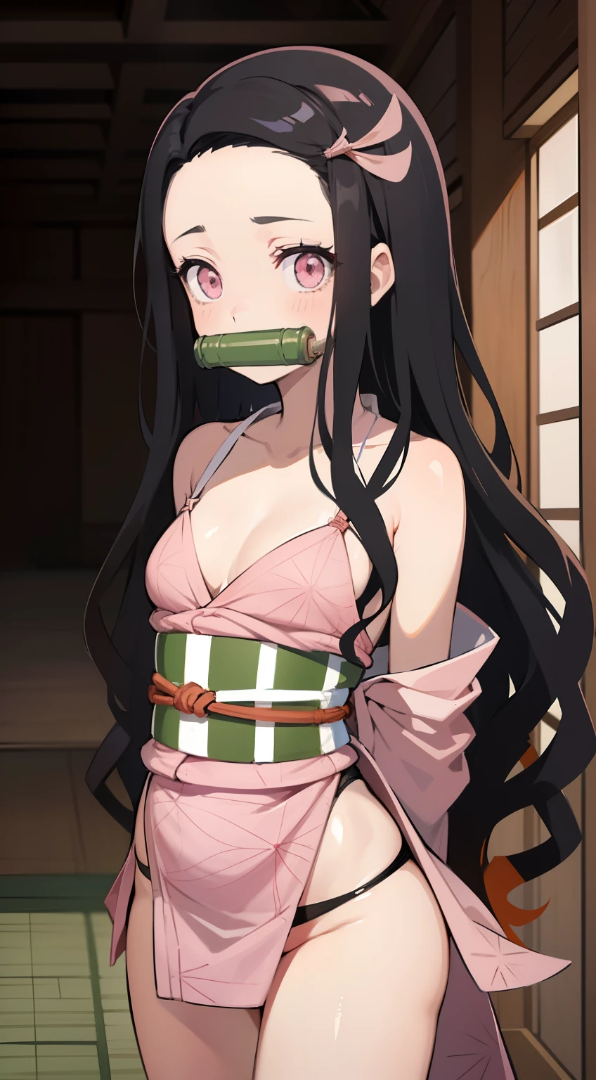 masterpiece, best quality, nezuko kamado, bamboo, bit gag, black hair, forehead, gag, gagged, hair ribbon, long hair, multicolored hair, (pink eyes:1.5), orange hair, slit pupils, wavy hair, two-tone hair, asa no ha (pattern), checkered sash, haori, japanese clothes, kimono, long sleeves, obi, pink kimono, sash, wariza, wide sleeves, underwear, collarbone, panties, thighs, black panties, underwear only, lingerie, black bra, ((Blush)),((((Arms_Behind_back)))),(((Bondage))), (((shibari))),(((gag))),