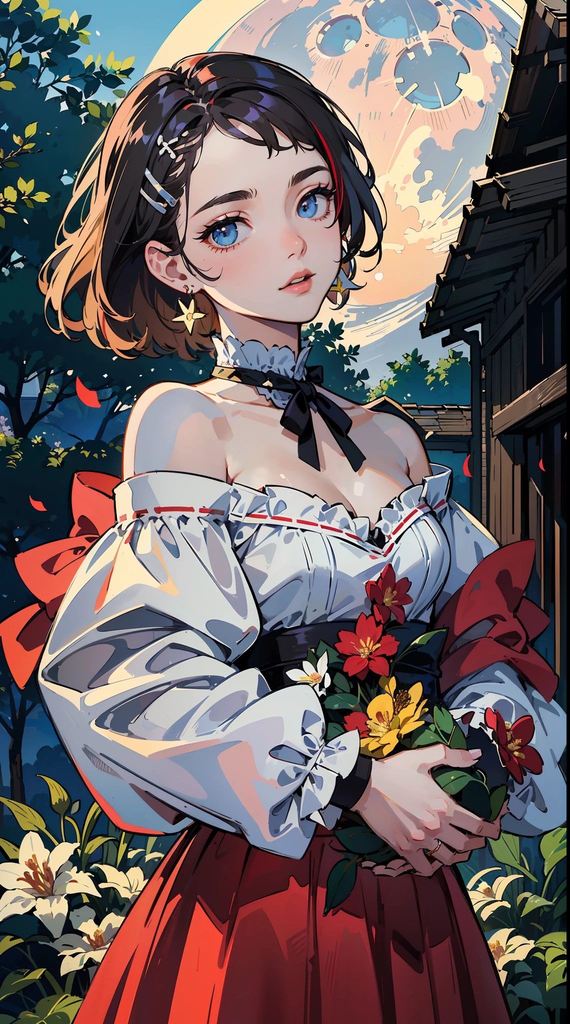 ((((carrying flower,Finger sleeves，))))((hands in pockets,))(Masterpiece illustration,Beautiful and aesthetic:1.2,aim to viewers), Best quality,Top quality, Epic quality,((((valley,outdoor,))))(moonlight,moon glare, god light,at night,upper upper shot,focus on face,))Neat face,underage,mature,Beautiful detailed hair，black hair，hyper HD, retinas, Textured skin, A high resolution, 16k ，((hairclip,steep bangs,sidelocks,short hair,Large bow on hair)),Detailed face, 1JK, lady,Solo, Perfect face, Very amazing girl,((off shoulder,puffs sleeves,red streaked white trace shirt,frills,lolita dress,metal earrings,spiral earrings)),rim-light