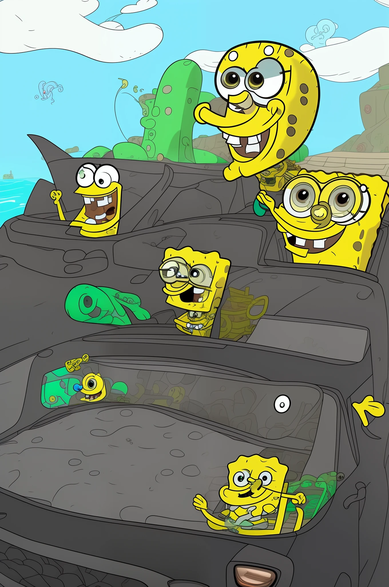 SpongeBob squidward and Patrick inside a Bentley with shades driving around the bikini bottom smoking a cigarette