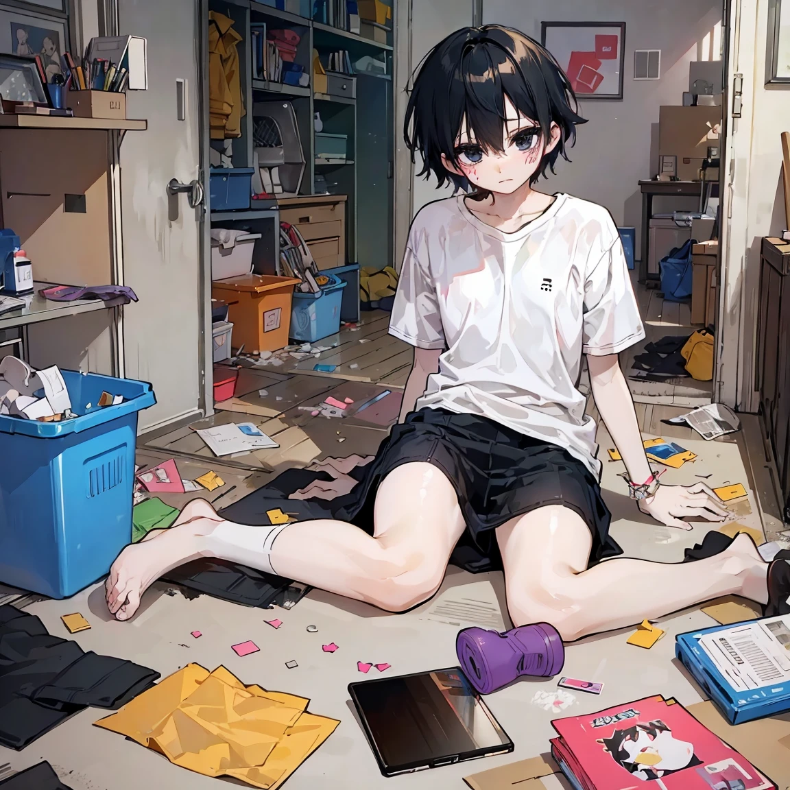 Dark bedroom cluttered messy, trash everywhere, hite shirt, cute