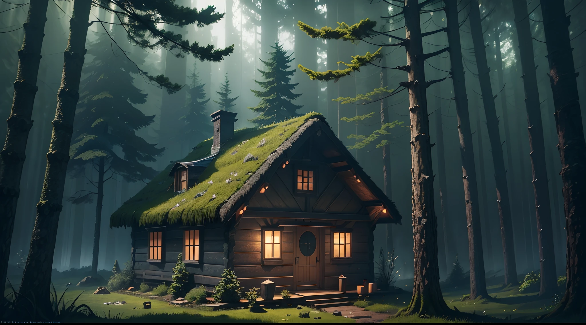 Peter and Ana arrive at a moss-covered hut in the middle of the forest. The night is dark and the surrounding environment is immersed in an air of mystery and secrecy. The hut is made of old wood, with an appearance worn down by time and the surrounding nature. Moss covers the entire roof and walls, giving an enigmatic and mystical aspect to the place. The windows of the hut are closed, revealing only a faint glow of light inside, adding to the suspense. The surrounding forest is dense and full of shadows, with tall trees that seem to hide ancient secrets. The image will be a digital illustration, created in an artistic style that highlights the atmosphere of mystery and suspense. The colors will be predominantly dark, with shades of green and brown to represent the vegetation and wood of the hut. Subtle details, such as beams of light filtered through the trees, will help create a mysterious and intriguing atmosphere --auto --s2