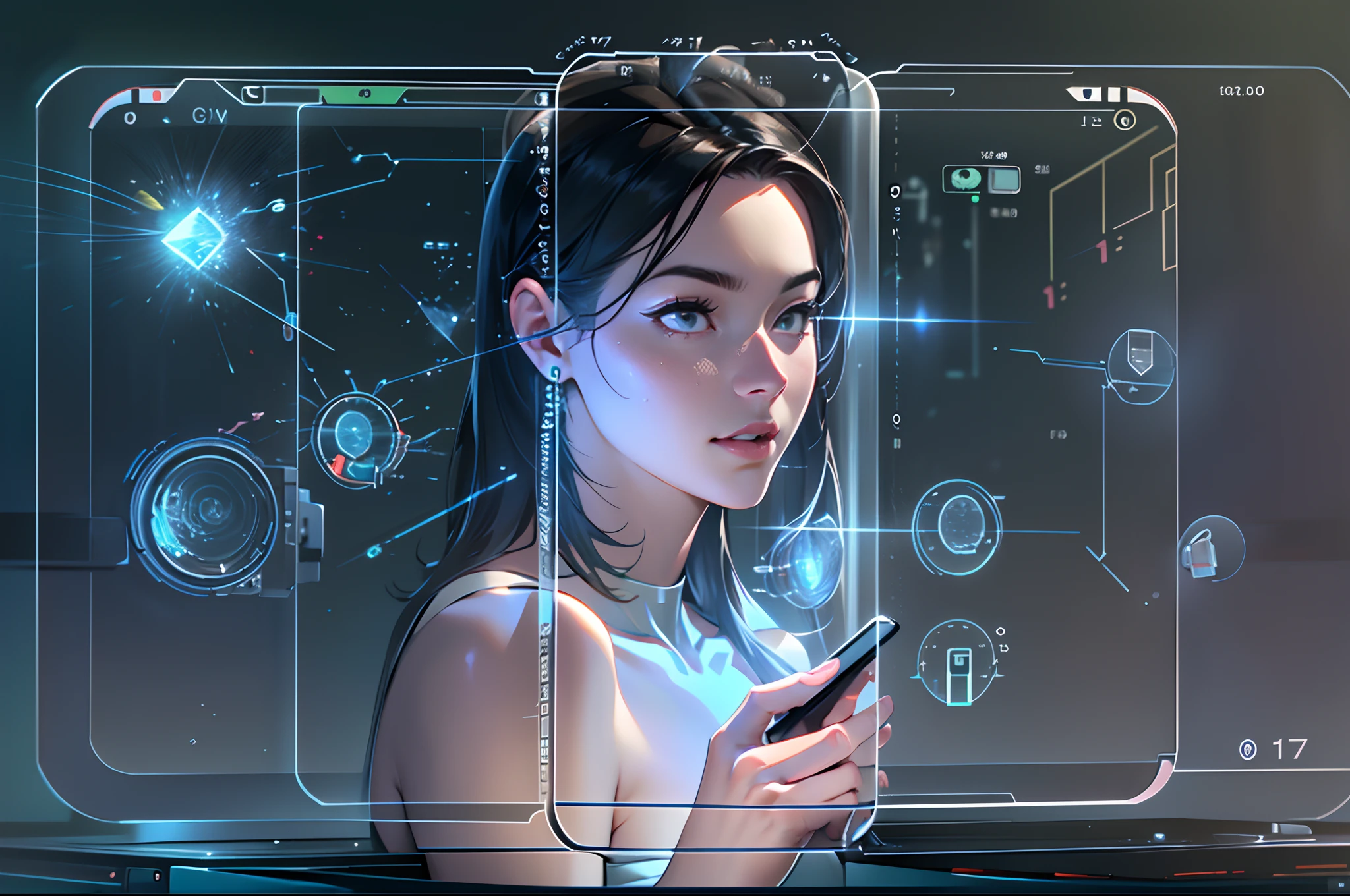 ((Transparent smartphones)),(Virtual projection),sense of science and technology,Futuristic,closeup cleavage,extreme hight detail,Real light,super-fine,Hyper-realistic,Ultra photo realsisim,tmasterpiece,8K,on focus,Bokeh,Detailed pubic hair,Hyper-detailing,high qulity,High definition,dynamic viewing angle