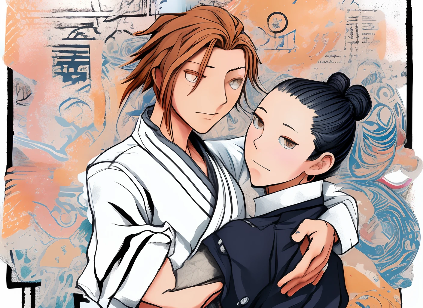 a woman with brown skin and aqua blue eyes, long eyelashes, wearing a jean skirt and a plain black shirt with it tucked into her skirt, orange box braids and red nails, hugging a male with pale skin black short hair and grey eyes with big muscles, wearing a white button up shirt with the sleeves rolled up and black fancy pants, jujutsu kaisen art style