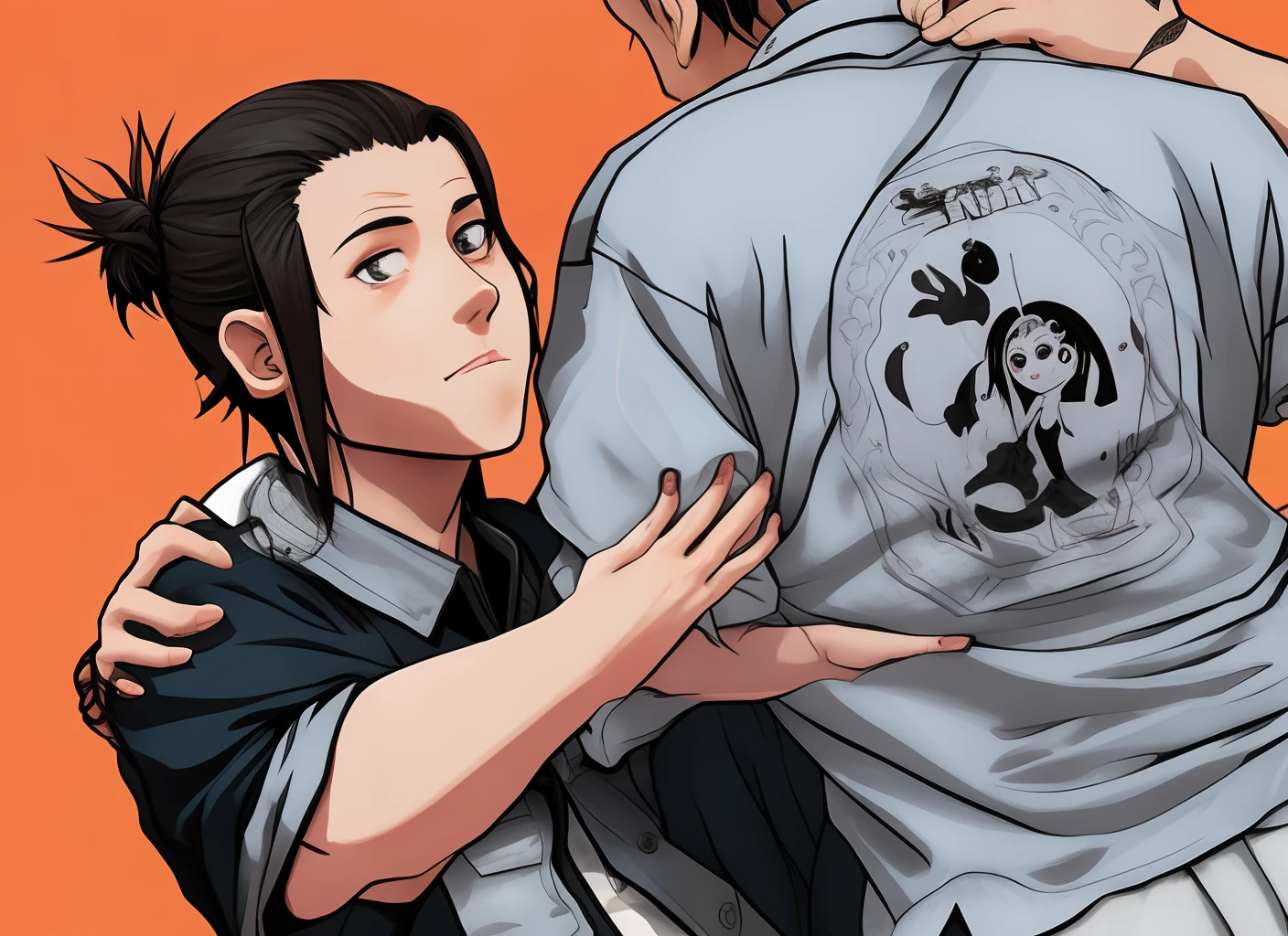 a woman with brown skin and aqua blue eyes, long eyelashes, wearing a jean skirt and a plain black shirt with it tucked into her skirt, orange box braids and red nails, hugging a male with pale skin black short hair and grey eyes with big muscles, wearing a white button up shirt with the sleeves rolled up and black fancy pants, jujutsu kaisen art style
