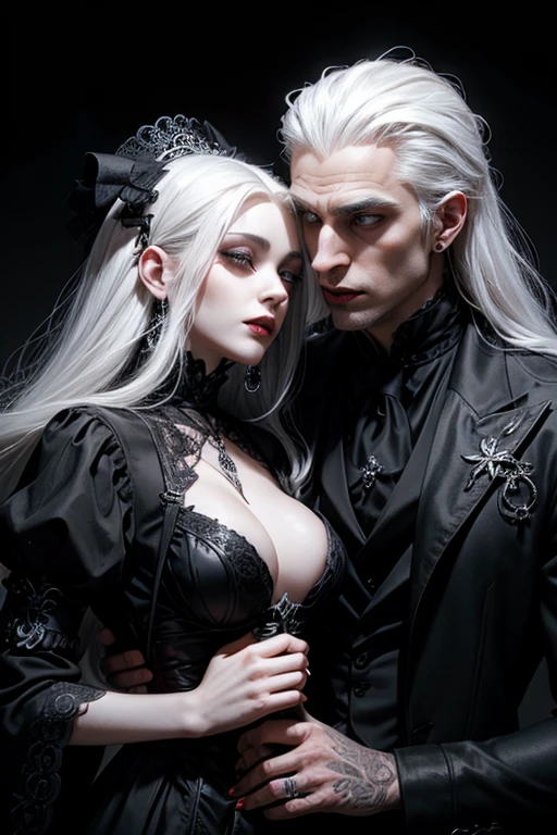 draw a dramatic and dark scene with an albino female vampire with long white hair touching the ground. She is kneeling and holding a dead, bloody man in her arms. The vampire's hair touches the ground and begins to turn red at the ends as it comes into contact with the pool of blood on the ground.. The vampire is crying, with tears streaming down her face, expressing pain and deep sadness. The scene must be set in a dark, gothic setting, with dark and dramatic details to emphasize the melancholic and tragic atmosphere.